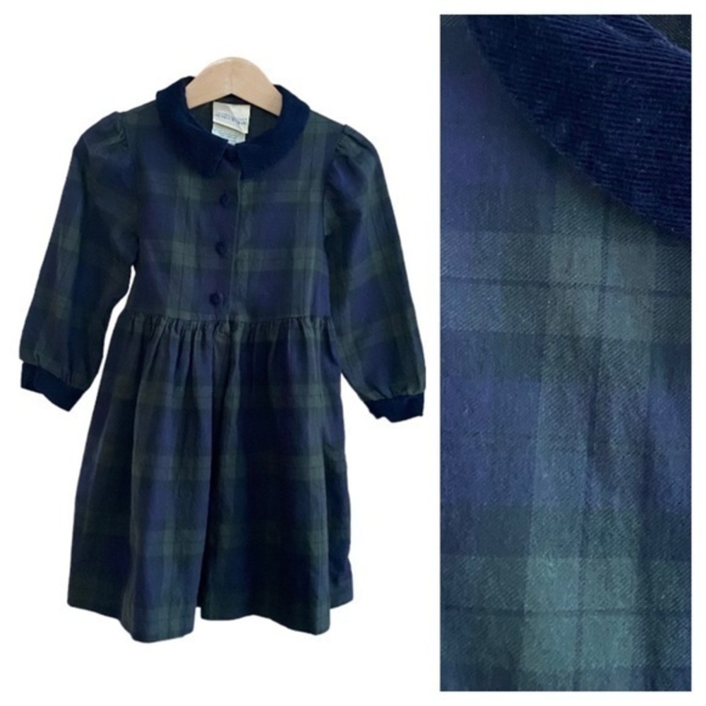Vintage Laura Ashley Mother Child Green Navy Blue Plaid Long Sleeve Dress 18m